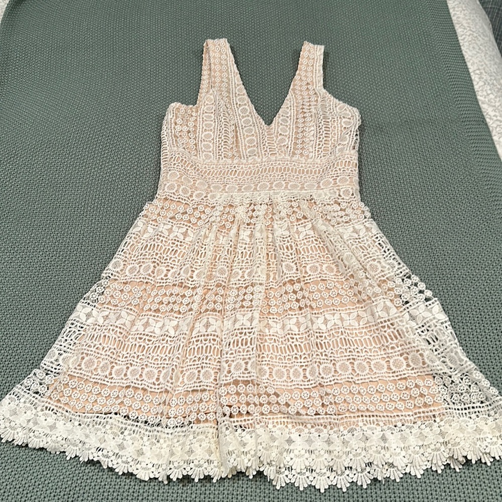 Lace White Dress with Cream Underlay
